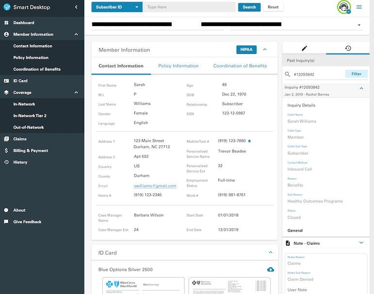 Smart Desktop payer service interface showing member information, contact details, coverage navigation, claims, and inquiry history in a single screen.