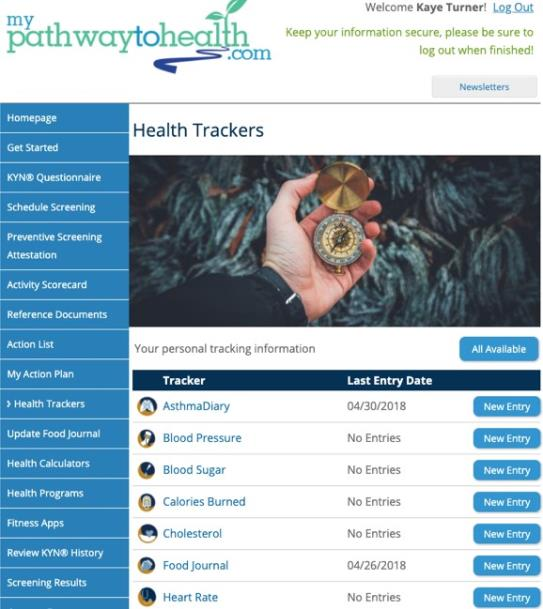 Member wellness portal showing health trackers for asthma, blood pressure, blood sugar, food journal, and heart rate with plain-language guidance.