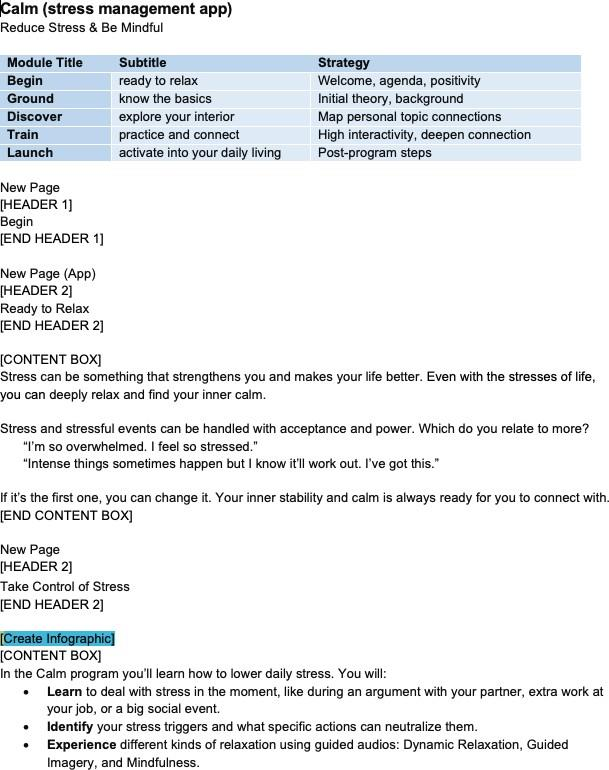 Stress management app proof of concept: five-module curriculum table from Begin to Launch, with page-by-page structured copy in a content-model markup.